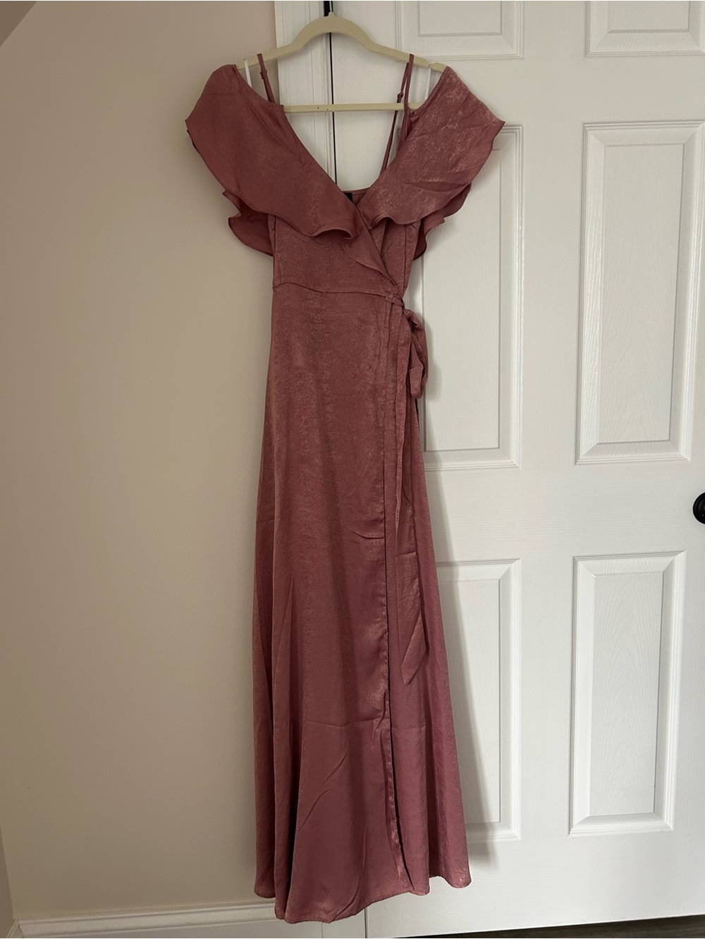 NWOT Lulus Dusty Rose Satin Ruffle Wrap Maxi Dress Size XS
